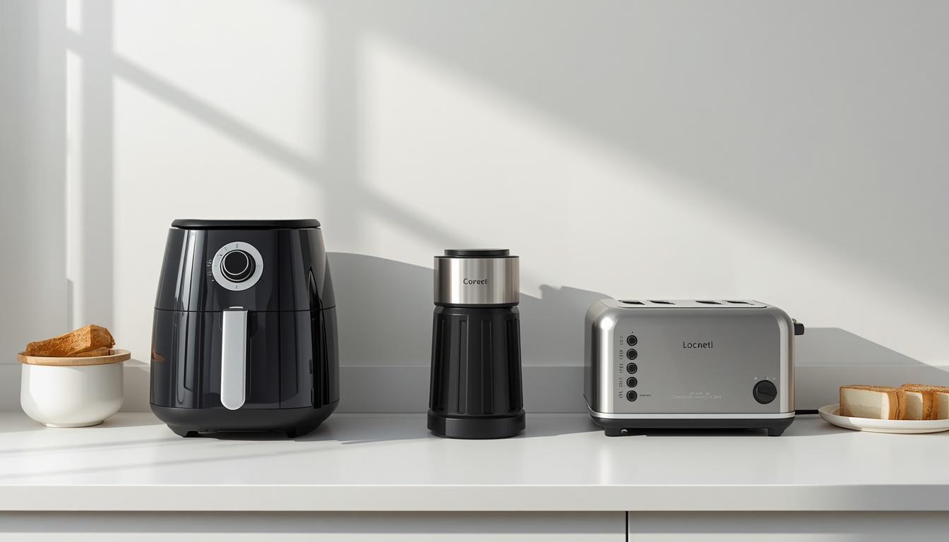 Small kitchen appliances on a bright counter — air fryer, coffee maker, and everyday gear
